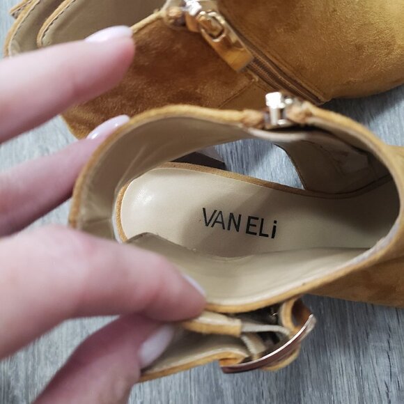 Vaneli Bisa Cuoio Gold Suede Open Toe Bootie 37.5 - Picture 6 of 8